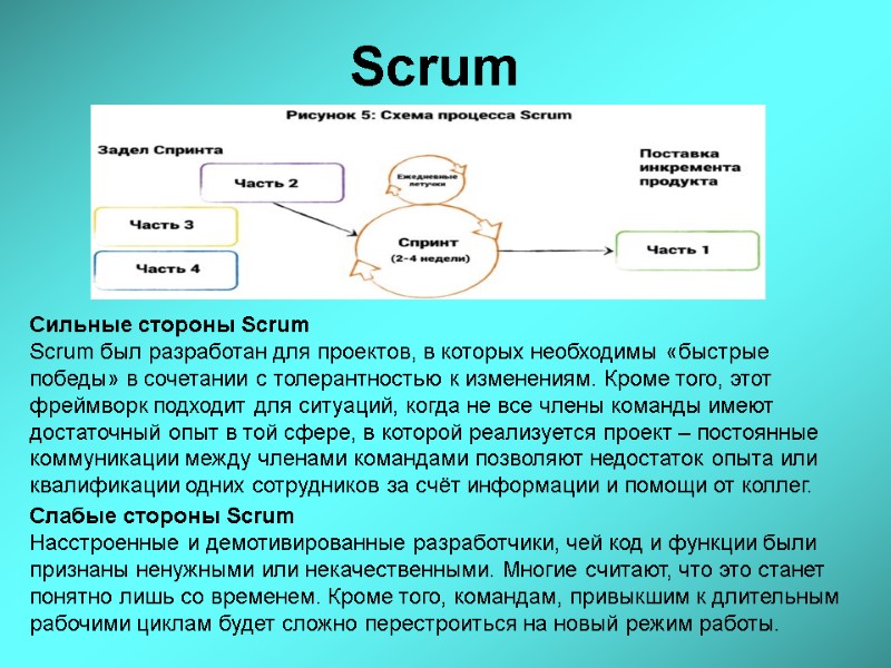 Scrum Сильные стороны Scrum Scrum был разработан для проектов, в которых необходимы «быстрые победы»